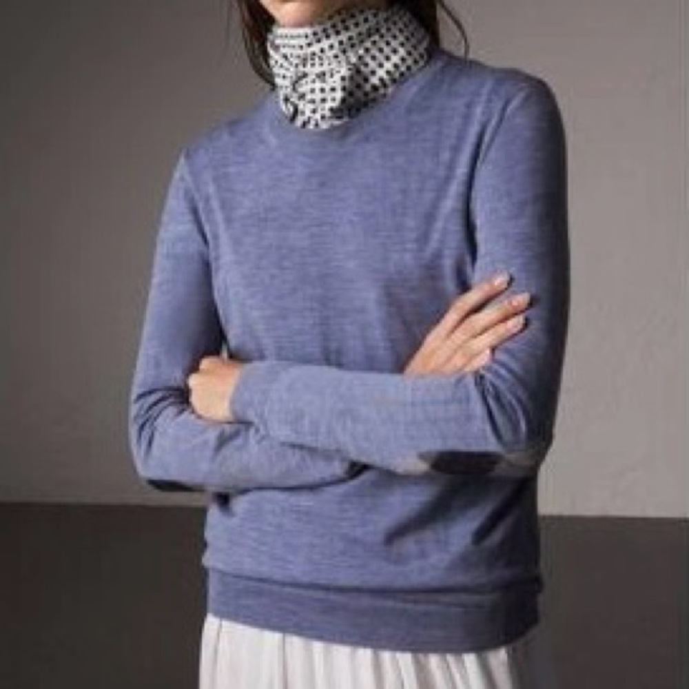 Burberry Check Detail Merino Wool Crew Neck Sweater in Indigo Blue
